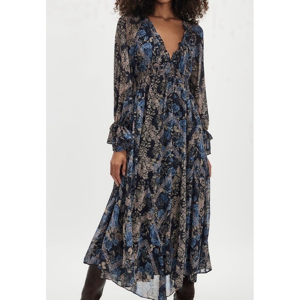 Free People Lena SOLD OUT Floral Swing Midi Dress Boho Peasant Fairy Flowy Sz XS
